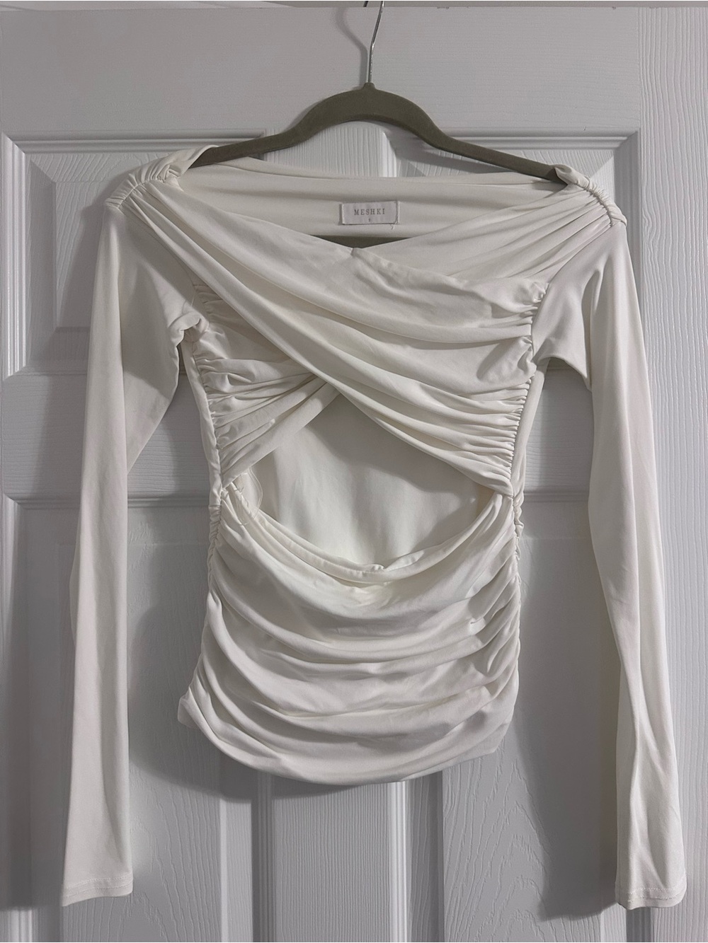 Meshki Ivory Ruched Cutout Long Sleeve Top
